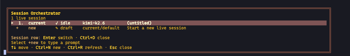 Tutou TUI Session Orchestrator with one live session and a +new row